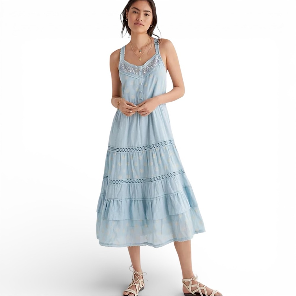 Anthropologie Chambray Lace Tiered Midi Dress Size Medium